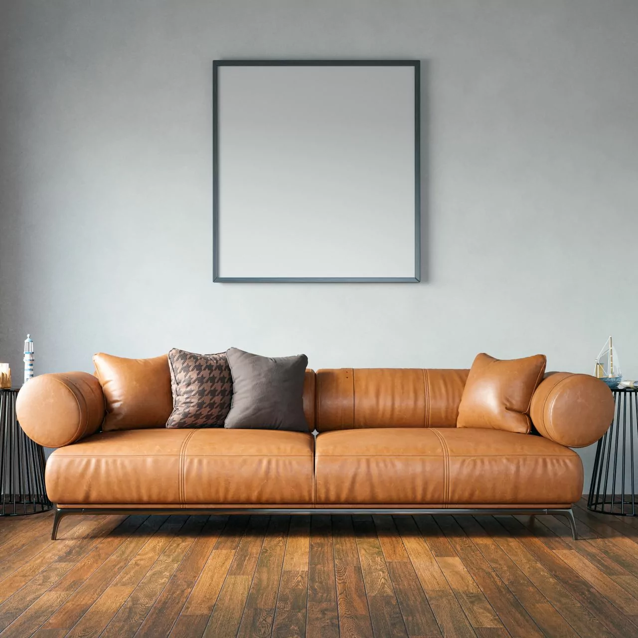 Living room leather sofa with wooden flooring